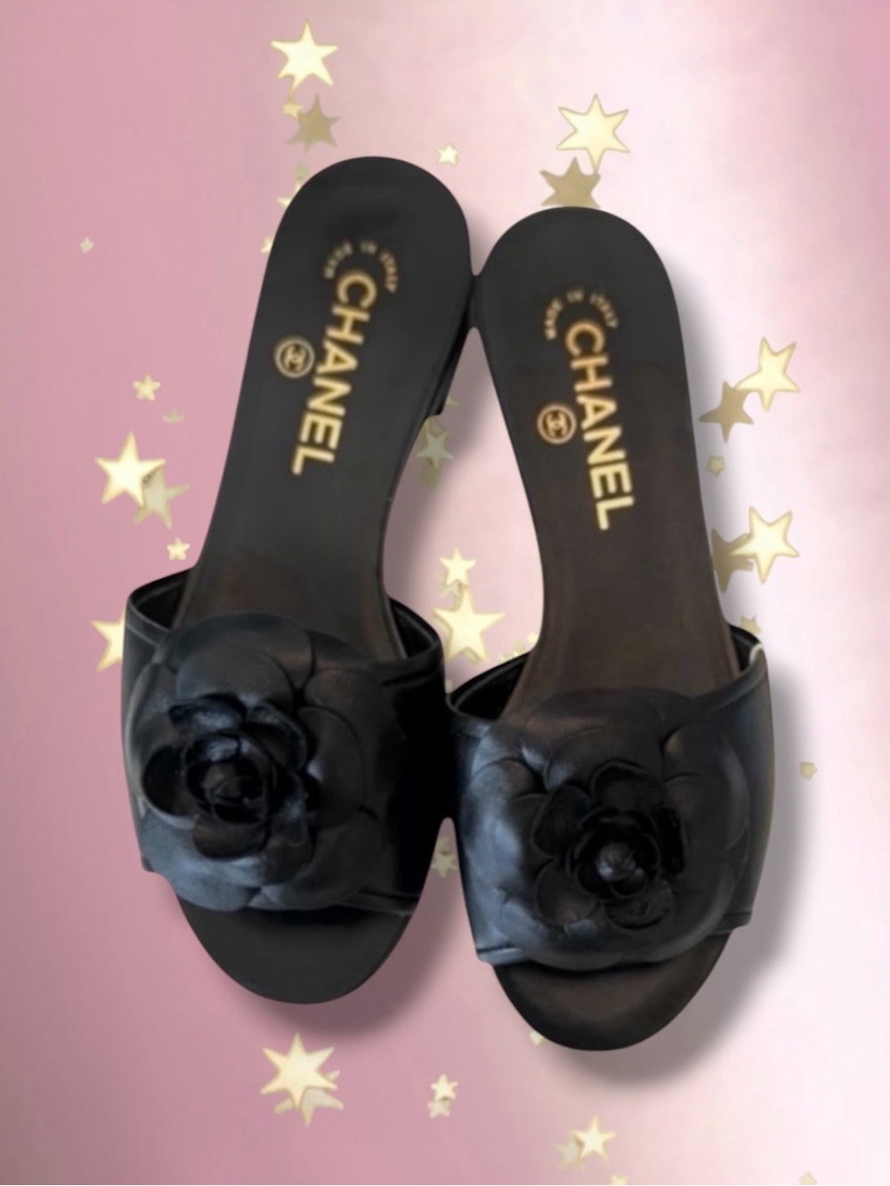 🆕💗CHANEL Black Lambskin Camellia Flower Sandals Mules CC Logo Gold-Tone HW 37C
